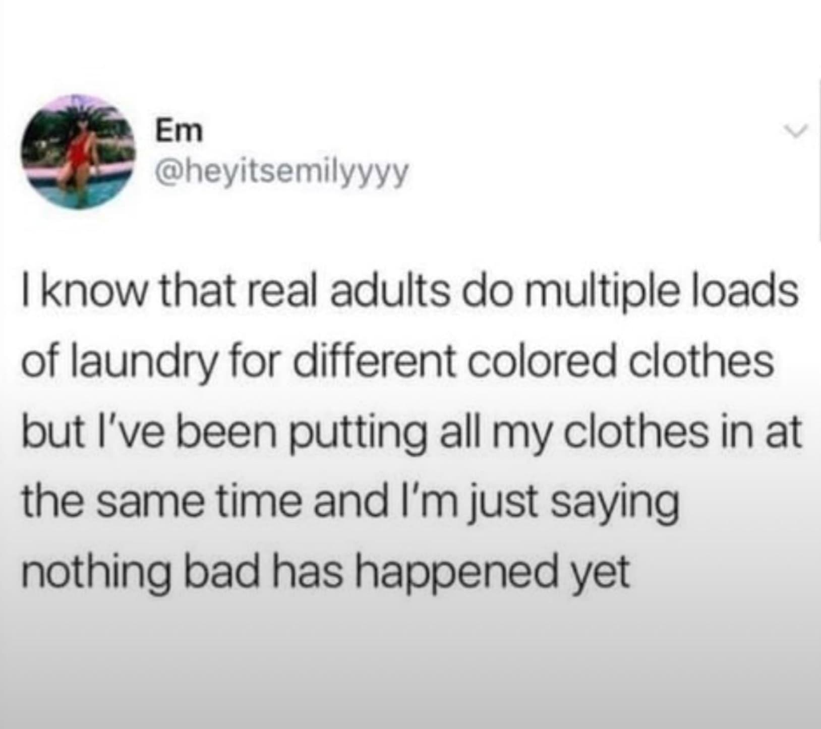 parallel - Em I know that real adults do multiple loads of laundry for different colored clothes but I've been putting all my clothes in at the same time and I'm just saying nothing bad has happened yet